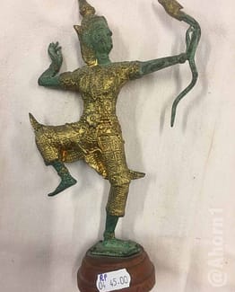 Figur, Skulptur asiatischer Krieger mit Bogen auf Holzsockel