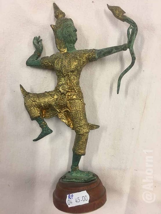 Figur, Skulptur asiatischer Krieger mit Bogen auf Holzsockel